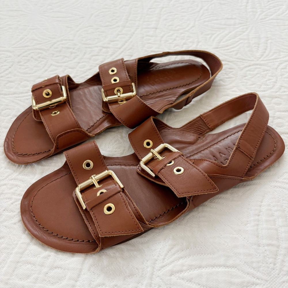 NEW Jamie Haller Double Buckle Leather Sandal, Cognac Sz 41